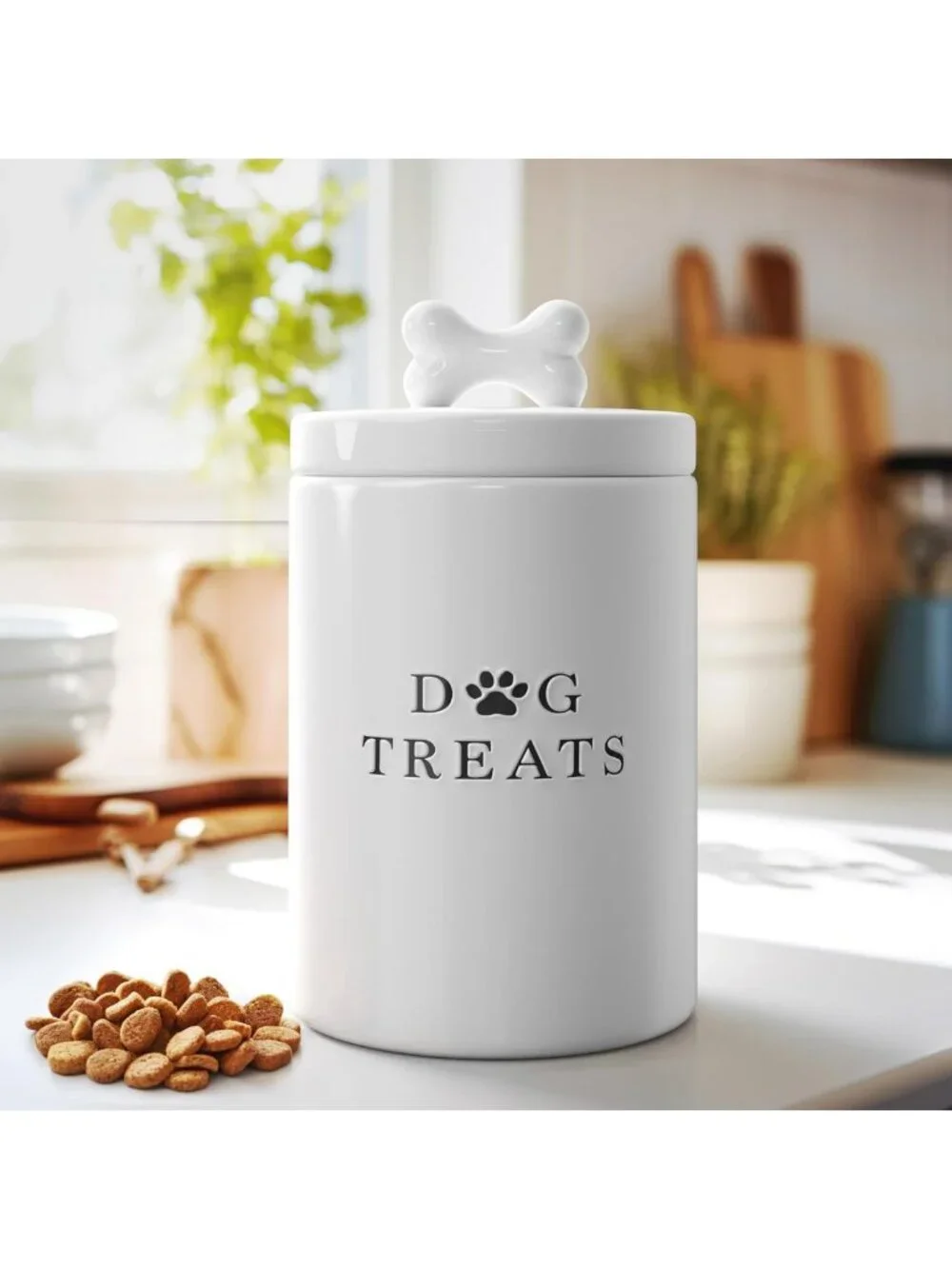 Airtight Large Dog Treat Storage Jar - Cute Rustic Ceramic Canister for Kitchen